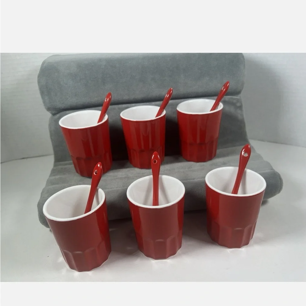Crate&Barrel Red and White Ceramic Sorbet Set (8) Pieces Including Spoons & Cups